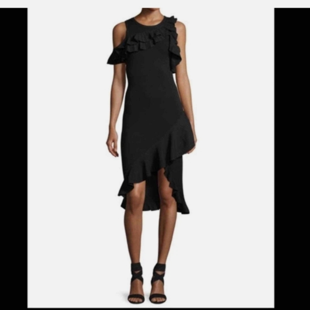 A.L.C. Kellam Black Ribbed Cold Shoulder Ruffle Trim Stretch Knit Midi Dress XS